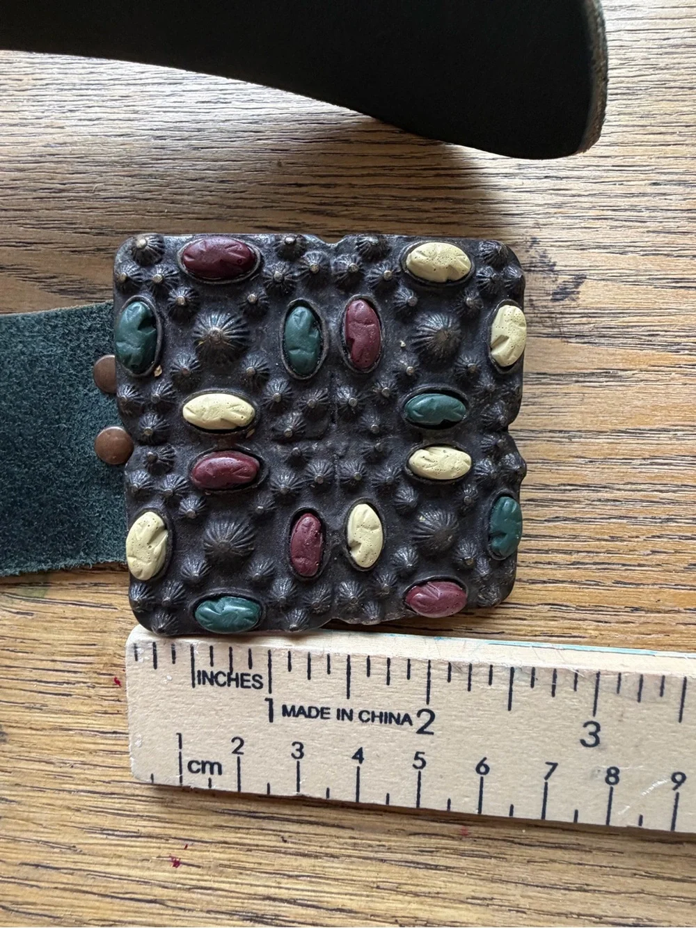 Black Leather Belt with Multicolored Beaded Square Buckle
